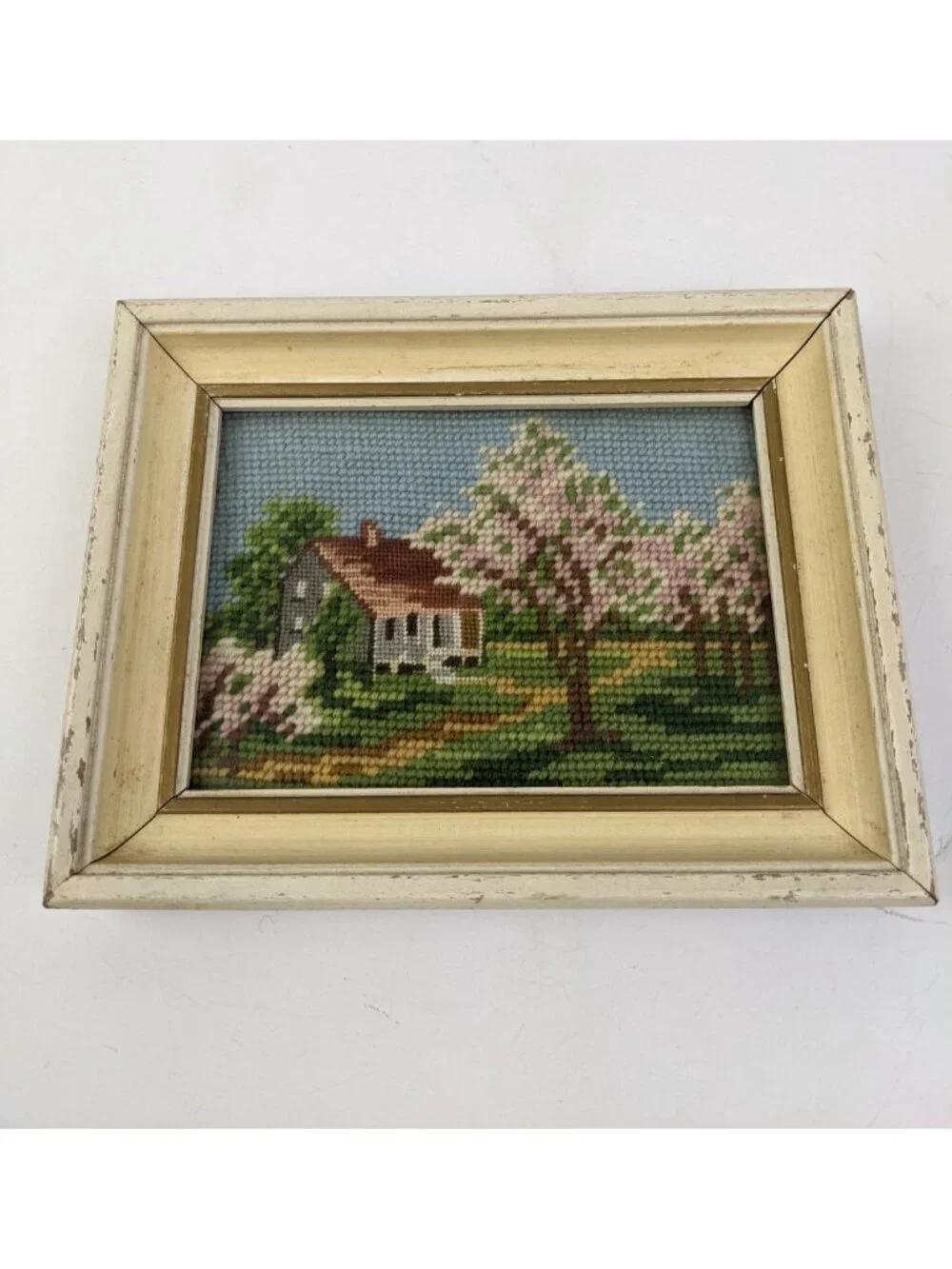 Vintage Framed Needlepoint Farmhouse Country Scene Cottagecore Countryside Decor